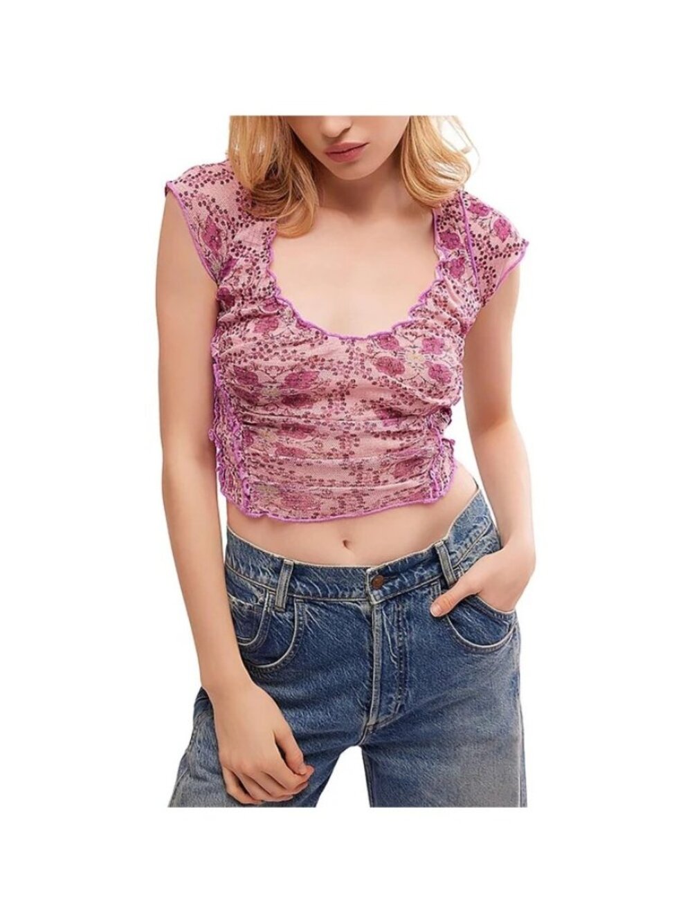 Free People Crop Top Women's Small Lilac Floral Smocked Lettuce Trim Y2K Boho